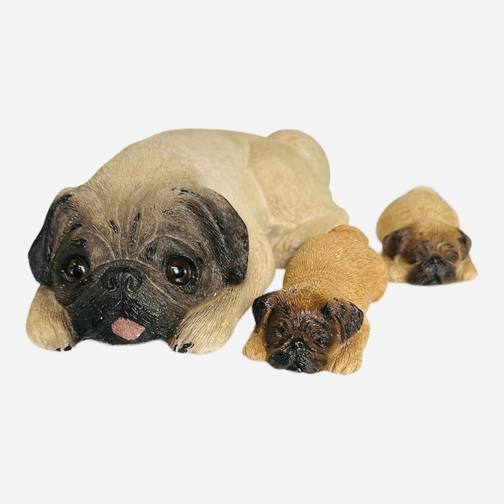 Dog Mate Momma Dog & Sleeping Puppies Figurine Sandcast Brown Black Pug Set VG - Picture 4 of 8